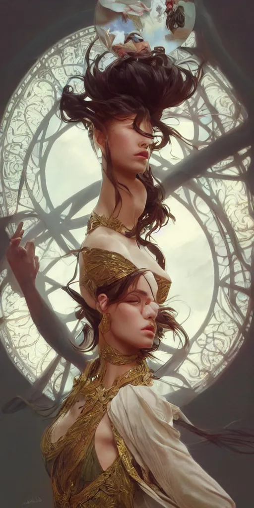 Image similar to high fashion photography, vogue, shooting, intricate, highly detailed, action pose, digital painting, artstation, concept art, smooth, sharp focus, illustration, Unreal Engine 5, 8K, art by artgerm and greg rutkowski and alphonse mucha