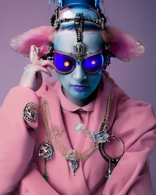 Image similar to natural light, soft focus portrait of a cyberpunk anthropomorphic fly with soft synthetic pink skin, blue bioluminescent plastics, smooth shiny metal, elaborate ornate jewellery, piercings, skin textures, by annie leibovitz, paul lehr