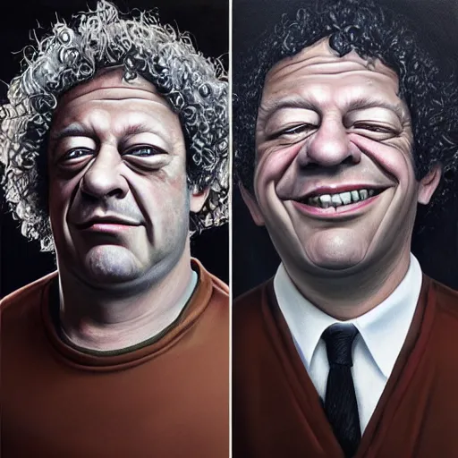 Image similar to Caricature portraits done of Gene Ween and Dean Ween, realistic, hyperrealistic, very realistic, highly detailed, very detailed, extremely detailed, detailed, oil painting, digital art, trending on artstation