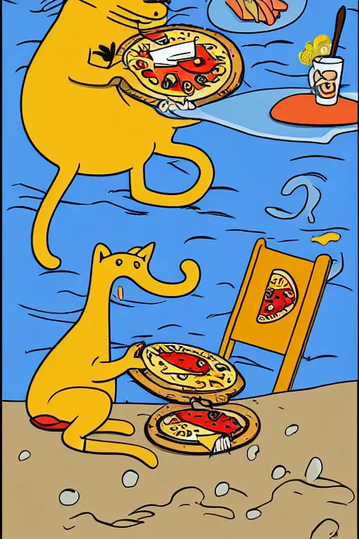 Image similar to digital drawing of a cat eating pizza on the beach by matt groening