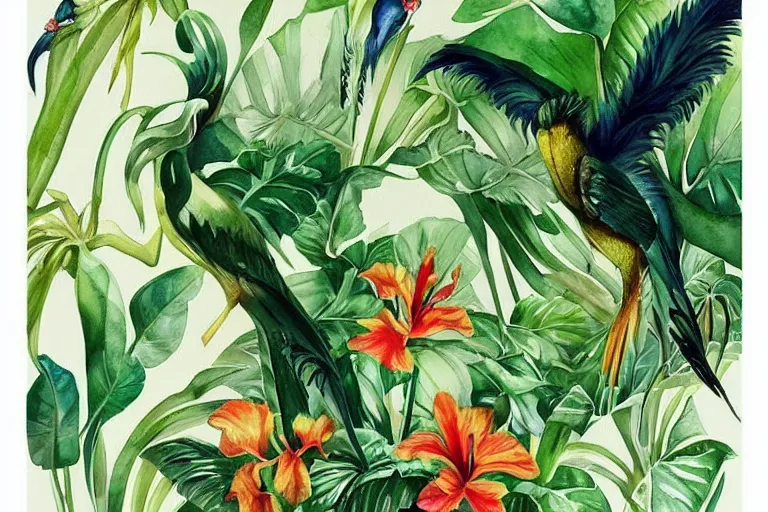 Prompt: watercolor artwork of exotic, elegant tropical prints : : green, art nouveau, trending on artstation