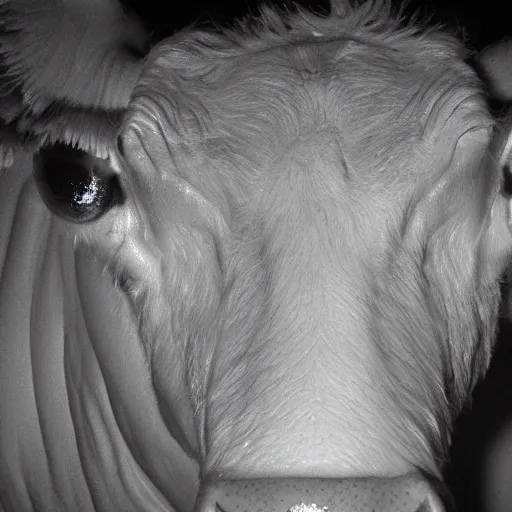 Image similar to ultra - realistic close - up of creepy cow at night, fish - eye - lense, disturbing horror photo