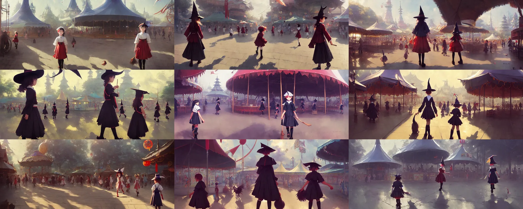 Image similar to young student witch wearing magic school uniform patrolling around small town carnival amusement, food stalls, big top circus tent, highly detailed, magical, japan, digital painting, concept art, matte, art by ruan jia and wlop and greg rutkowski and makoto shinkai, masterpiece