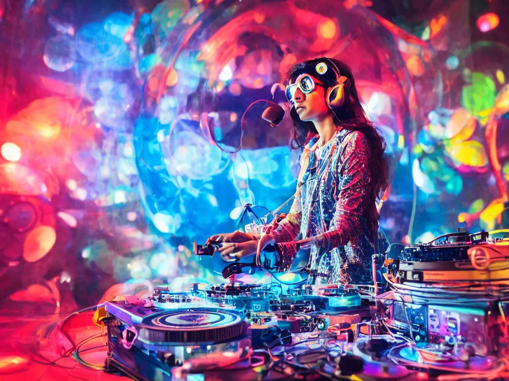 Prompt: an indian woman wearing goggles and visor and headphones using a retro record player contraption, microphone, speakers, turntablism dj scratching, screens, smoky atmosphere, intricate planetary gears, cinematic, imax, sharp focus, leds, bokeh, iridescent, black light, fog machine, hazy, lasers, hologram, hyper color digital art