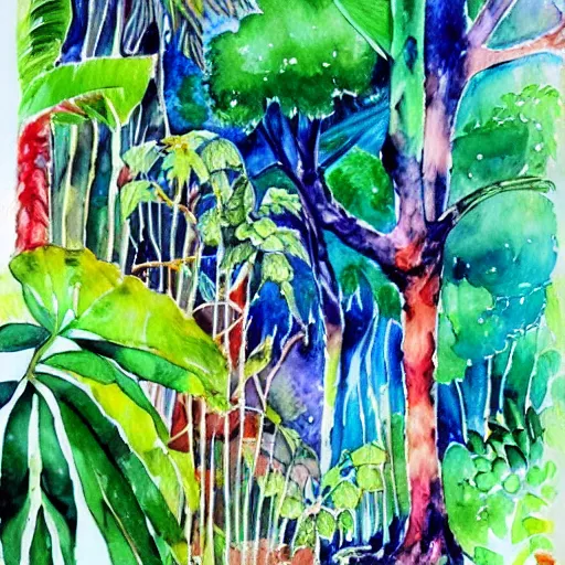 Image similar to a colorful rainforest, watercolors and ink, ,