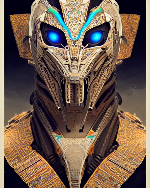 Image similar to symmetry!! portrait of a machine from horizon zero dawn, machine face, decorated with egyptian motifs, intricate, elegant, highly detailed, digital painting, artstation, concept art, smooth, sharp focus, illustration, art by artgerm and greg rutkowski and alphonse mucha, 8 k