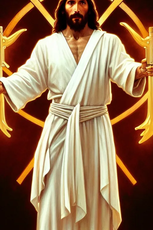 Image similar to jesus christ in a white robe and holding a handgun in an action pose, highly detailed, digital painting, artstation, concept art, smooth, sharp focus, illustration, cinematic lighting, art by artgerm and greg rutkowski and alphonse mucha