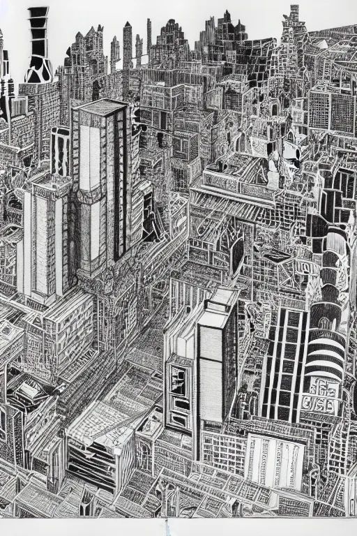 Image similar to a black and white drawing of a temple cityscape, a detailed mixed media collage by hiroki tsukuda and eduardo paolozzi and moebius, intricate linework, sketchbook psychedelic doodle comic drawing, geometric, street art, polycount, deconstructivism, matte drawing, academic art, constructivism