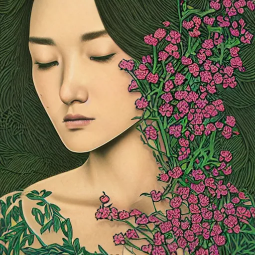 Prompt: a high resolution 3d portrait of a woman covered in flowers by Audrey kawasaki and James jean