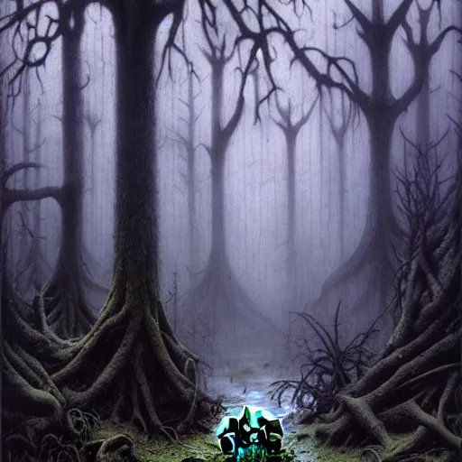 Image similar to evil toads in the forest, foggy, atmospheric, highly detailed, realistic, gothic horror, gerald brom