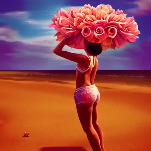 Image similar to portrait, giant rose flower head, girl dancing at the beach, surreal photography, sunrise, blue sky, dramatic light, impressionist painting, digital painting, artstation, simon stalenhag