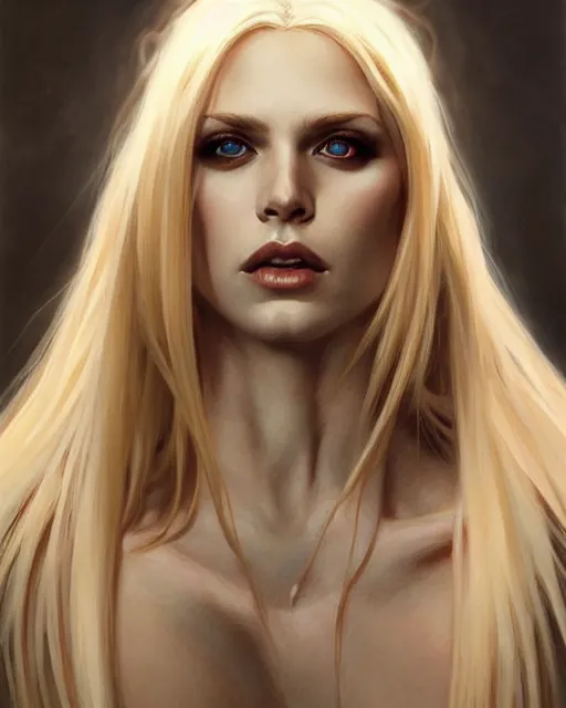 Image similar to portrait of a blonde vampire, dark, piercing eyes, gentle expression, elegant clothing, photorealistic, highly detailed, artstation, smooth, sharp focus, art by michael whelan, artgerm, greg rutkowski and alphonse mucha