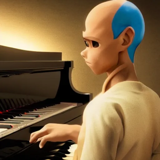Prompt: Aang from Avatar the last airbender playing the piano, UHD, hyperrealistic render, 4k, highly detailed