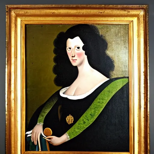 Prompt: portrait of a 40 years old women, dark red hair, green eyes, in historic clothing, 18th century painting, black canvas