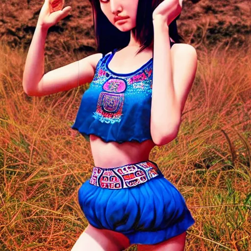 Image similar to a beautiful young japanese natalie portman alluring gravure model, wearing elaborate designer tank top, tank top with mesoamerican patterns, by akira toriyama and wlop and ilya kuvshinov and artgerm and, aesthetic, gorgeous, stunning, alluring, attractive, artstation, deviantart, pinterest, digital art