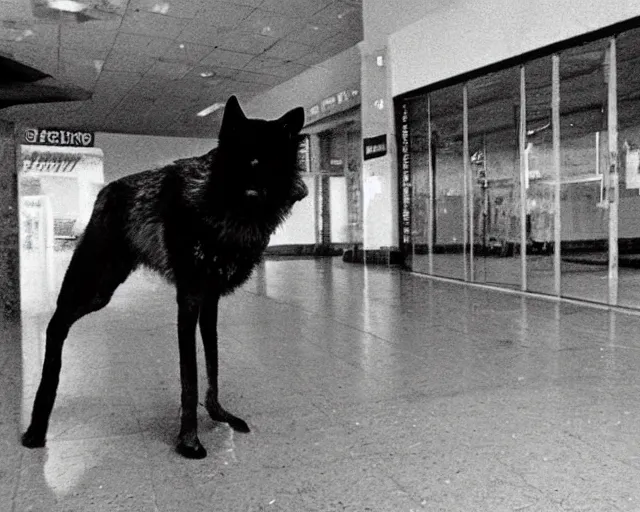 Prompt: Close up camera footage of a a Feral Black Wolf with severe late stage rabies in an abandoned shopping mall, Wolf Running Directly toward camera, It Follows :7 , high exposure, dark, monochrome, camera, grainy, CCTV, security camera footage, timestamp, zoomed in, Creepy, Feral, fish-eye lens, Rabid, Dire Wolf, Nightmare Fuel, Wolf, Evil, Stalking, Bite, Motion Blur, horrifying, lunging at camera :4 Blood on floors, windows and walls :5