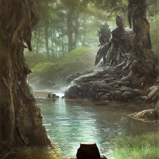 Prompt: humanoid stone golem resting beside a pond inside a forest, rock elemental, oil painting, by Greg Rutkowski