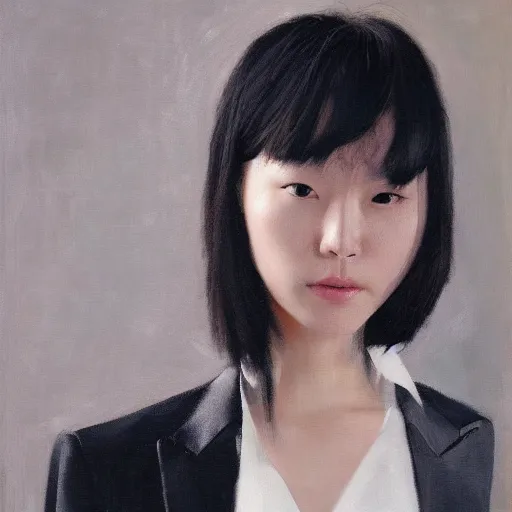Image similar to portrait of a beautiful korean girl wearing a men's tuxedo, with long hair and bangs, angular features, angry expression, oil on canvas, elegant pose, masterpiece, Jonathan Yeo painting