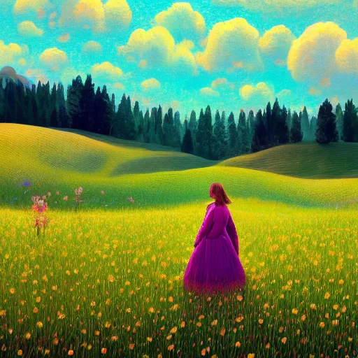 Prompt: girl with singular flower as a face, surreal photography, dream, dress flowing into flower field, hills, big trees, sunrise dramatic light, impressionist painting, colorful clouds, digital painting, pointillism, artstation, simon stalenhag