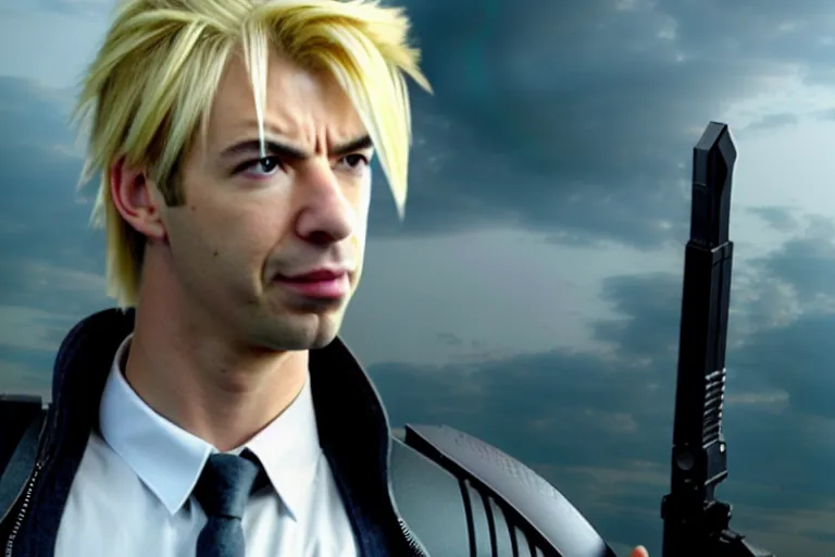 Prompt: live action film still of ( nathan fielder ) playing cloud strife in the new sci - fi movie