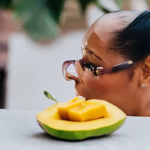 Prompt: A woman eating a mango