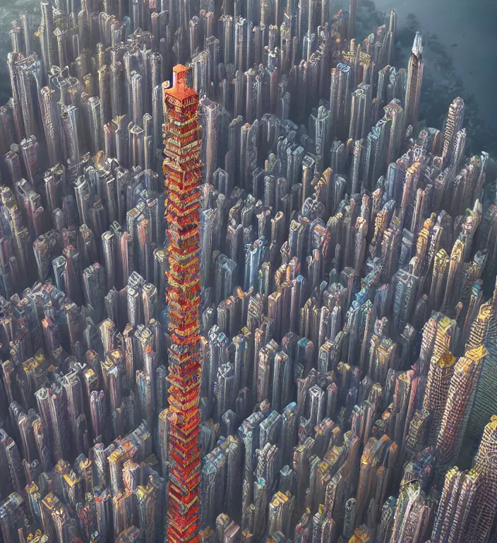 Prompt: beautiful isometric fractal totem in hong kong, shot from drone, trending on artstation art by zdzislaw beksinski, highly detailed, cg society contest winner