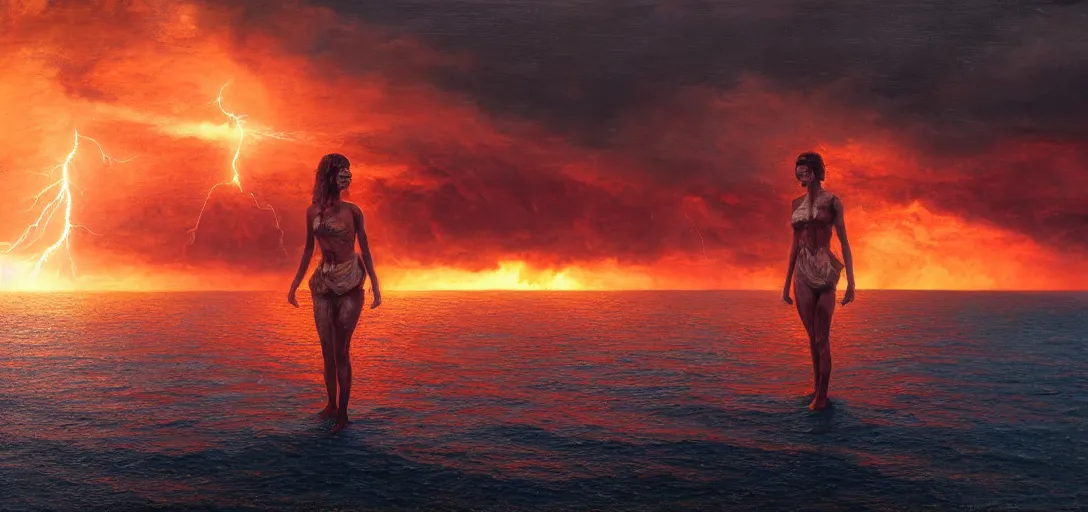 Image similar to aerial painting of a giant beautiful female, standing in the middle of the ocean, the sky is on fire. neill blomkamp cinematography, atmospheric lightning, godray, concept art, in the style of bob byerley, 8 k high details