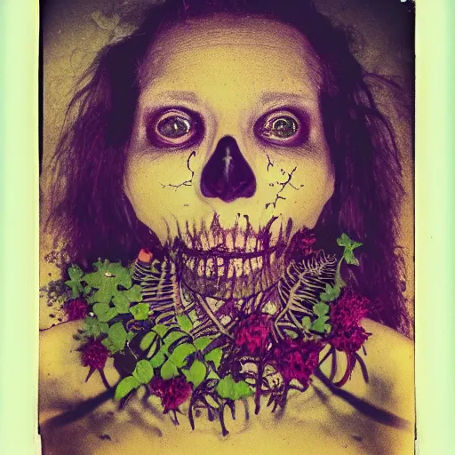 Image similar to a beautiful detailed front view portrait of a rotten woman corpse with fractal plants and fractal flowers growing around, volumetric light, beautiful lit, polaroid photography