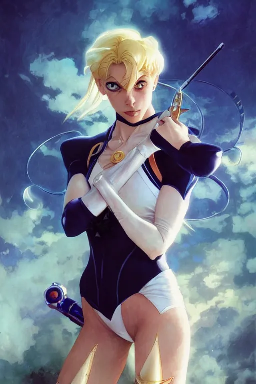 Image similar to blonde sailor moon as aeon flux, by Stanley Artgerm Lau, greg rutkowski, Craig mullins, Peter chung, thomas kindkade, alphonse mucha, loish,