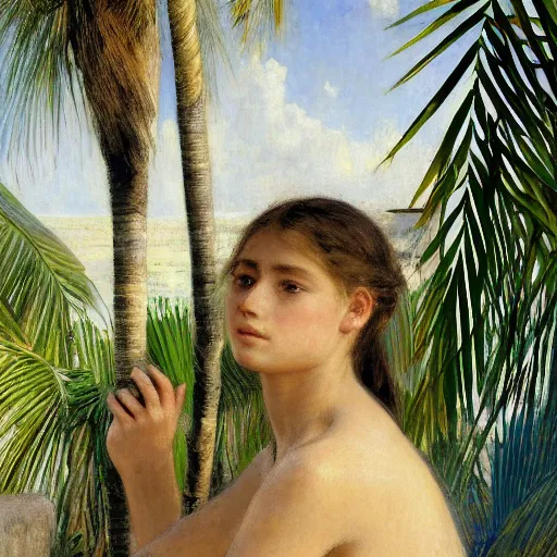 Image similar to a ultradetailed beautiful painting of a girl in the amazonas palace balustrade designed by jules bastien - lepage, hans belmer, frank weston and gustave baumann, beach, trending on artstation, mediterranean, palm trees, detailed face, sharp focus, soft light, 8 k 4 k