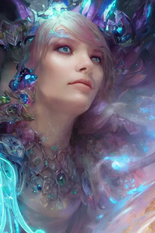 Prompt: face closeup of extremely beautiful girl necromancer, magical fairy flowers and ice, angels, 3 d render, hyper - realistic detailed portrait, holding fire and electricity rainbow, ruan jia, wlop. scifi, fantasy, magic the gathering, hyper detailed, octane render, concept art, peter mohrbacher