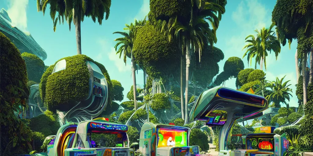 Prompt: 80s futuristic outdoor retro arcade, desolate, lush vegetation:: by beeple and James Gilleard and Justin Gerard :: ornate, dynamic, particulate, intricate, elegant, highly detailed, centered, artstation, smooth, sharp focus, octane render, 3d