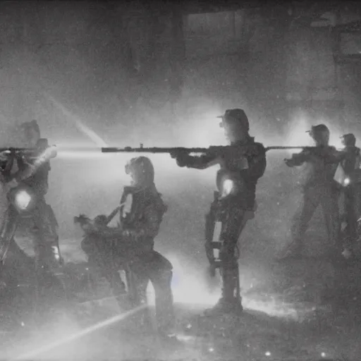 Image similar to grainy 1800s photo of a cybernetic warriors shooting humans with laser weapons in a smoky city