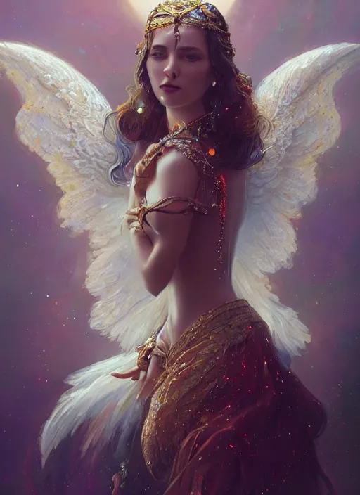 Image similar to A beautiful digital painting of a female angel full of jewels, princess, the moon behind her, intricate, cinematic lighting, highly detailed, digital painting, Artstation, concept art, smooth, sharp focus, illustration, art by Tom Bagshaw, Artgerm and Greg Rutkowski