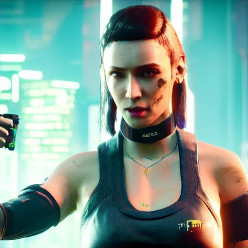 Image similar to female V from Cyberpunk 2077 wearing spiked choker, 4K