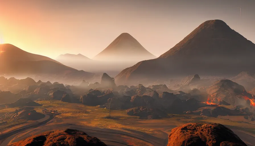 Image similar to planet with the volcanic landscape, concept art, at morning, sunrise, smooth fog, high quality, art in style of gta, symmetry in objects