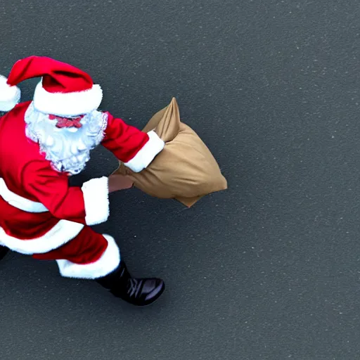 Image similar to santa making an escape with a sack of cash, running from a bank, 8 k, drone photo