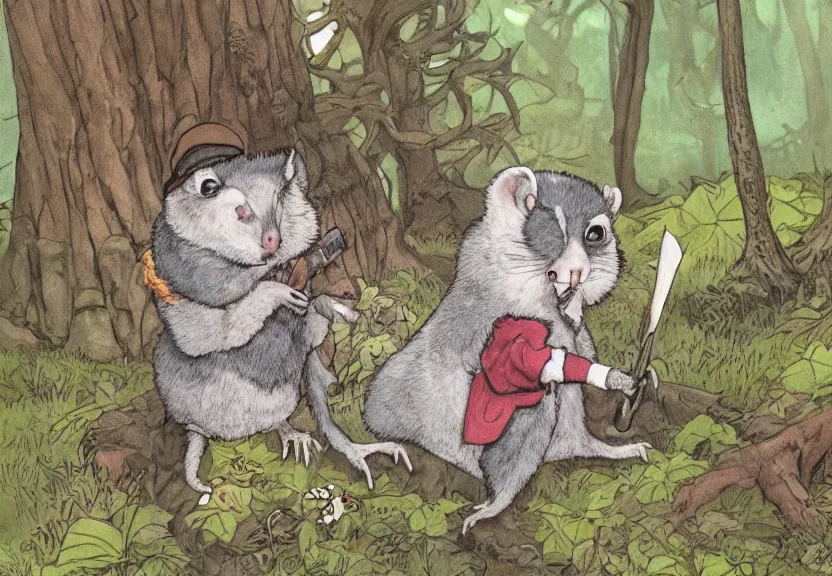 Image similar to possum dressed as an adventurer, hidden in the forest, colorized, highly detailed, 4k, trending on Artstation, award-winning, art by Maurice Sendak