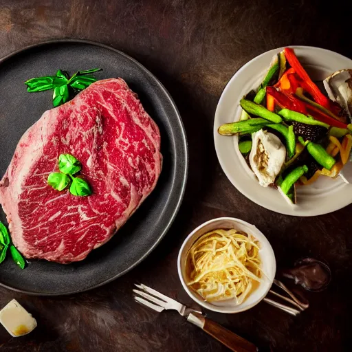 Image similar to advertising photography of a delicious large seasoned steak, topped with melted mozzarella cheese, and a side of seasoned vegetable medley, all served on a wooden table, spot, lighting, dark background