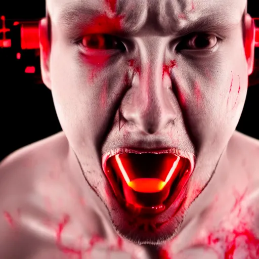 Image similar to portrait of a cybernetic madman, blood flowing from eyes, screaming directly at camera, portrait photography, 4k, cyberpunk, 50mm lens,