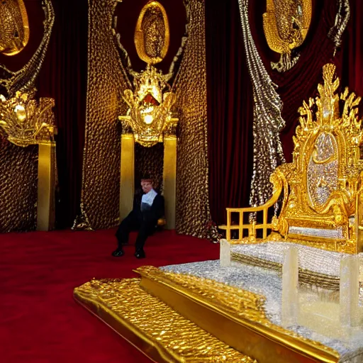 Image similar to shining majestic throne made of millions of diamonds, gold and zaphires with thousands of light reflections, and a stupid clown is sitting on the throne while handind a globe, 4 k