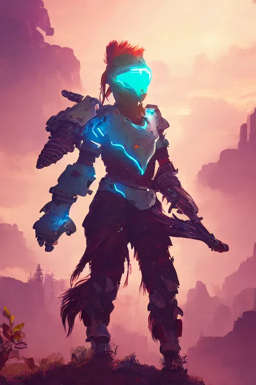 Image similar to combination suit armor aloy horizon forbidden west horizon zero dawn radiating a glowing aura global illumination ray tracing hdr fanart arstation by ian pesty and alena aenami artworks in 4 k tribal robot ninja mask helmet backpack