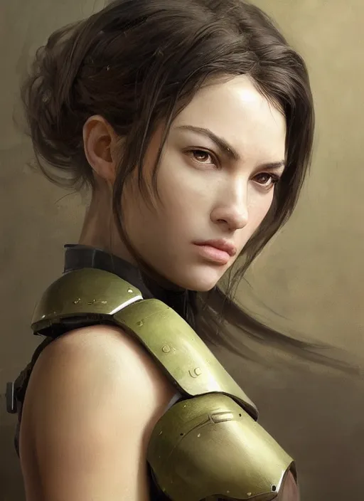 Image similar to a professional painting of a beautiful young female, clothed in military armor, olive skin, long dark hair, beautiful bone structure, symmetrical facial features, intricate, elegant, digital painting, concept art, smooth, sharp focus, illustration, from Metal Gear, by Ruan Jia and Mandy Jurgens and Artgerm and William-Adolphe Bouguerea