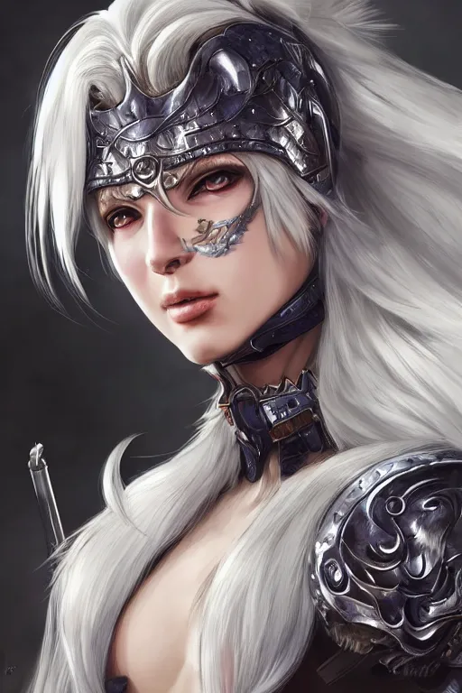 Image similar to A realistic anime portrait of a white haired female barbarian wearing an intricate armor, digital painting, by Stanley Artgerm Lau, Sakimichan, WLOP and Rossdraws, digtial painting, trending on ArtStation, SFW version