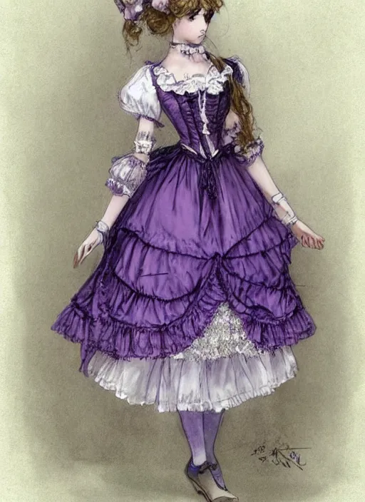 Prompt: violet - themed lolita fashion dress design, victoria, lace, elegant, muted colors. sketch by jean - baptiste monge