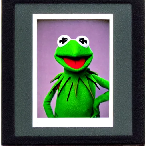 Image similar to Kermit the frog wearing a mohawk, polaroid photo, instax, white frame, by Warhol,