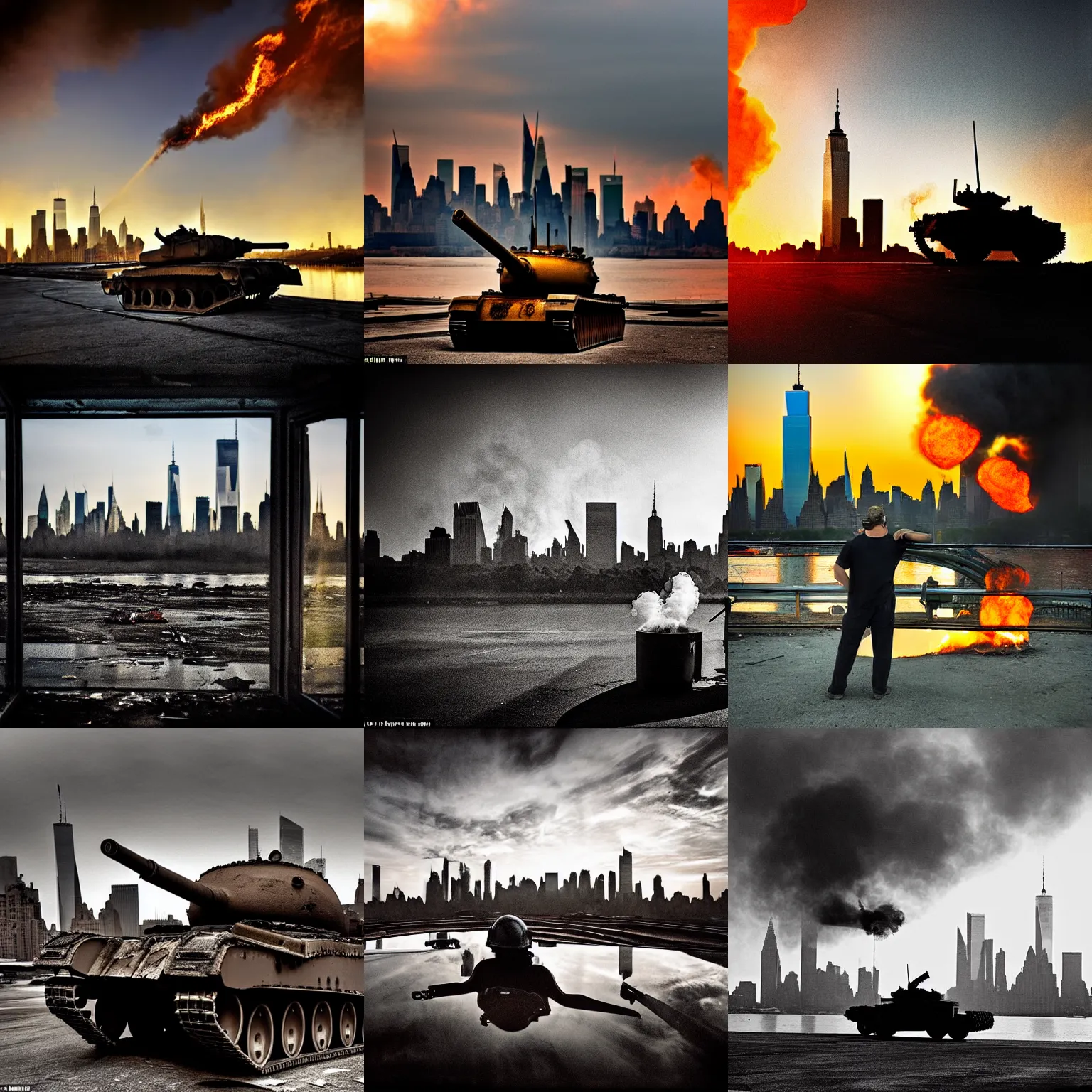 Image similar to destroyed tank in front of the new york skyline, smoking and burning, reflections, award winning photograph, sunset, desolate, atmospheric