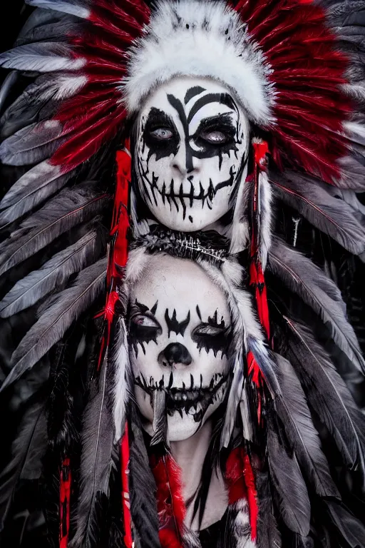 Image similar to the ghost - spirit of the grim - warpaint wears the scarlet skull armor and native blood headdress feathers, midnight fog - mist!, cinematic lighting, various refining methods, micro macro autofocus, ultra definition, award winning photo