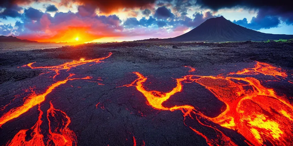 Prompt: award winning photo of Hawaii volcanic landscape, golden hour, by Peter Lik,