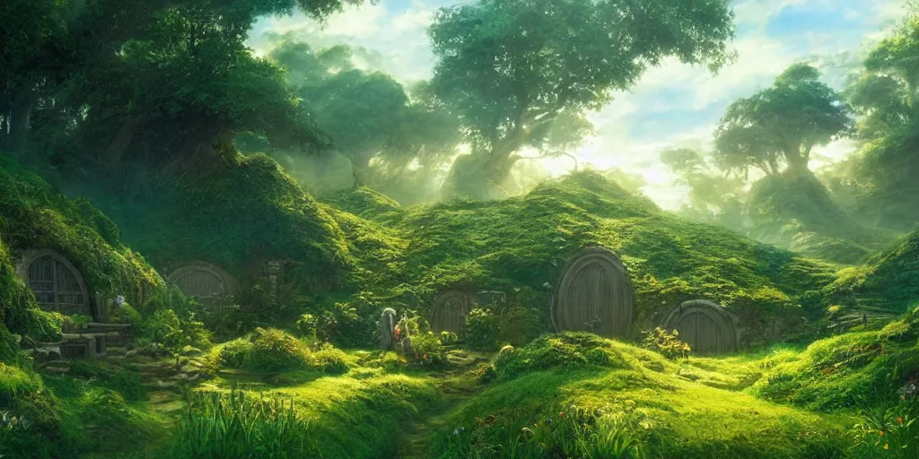 Image similar to lush and beautiful concept art for the shire, lord of the rings, peter jackson, studio ghibli, detailed, realistic lighting, volumetric lighting, golden hour,